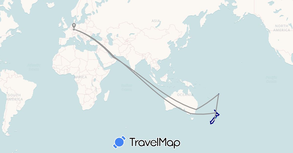 TravelMap itinerary: driving, plane, boat in United Arab Emirates, Australia, Germany, Fiji, New Zealand (Asia, Europe, Oceania)